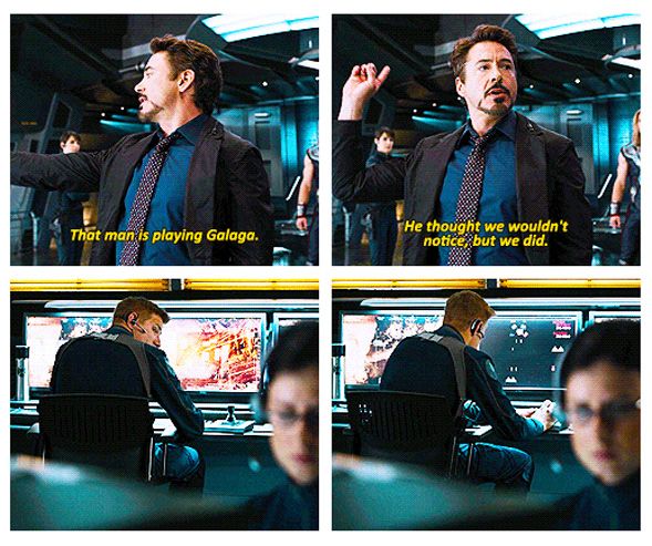 Iron Man says, "That man is playing Galaga" in The Avengers.