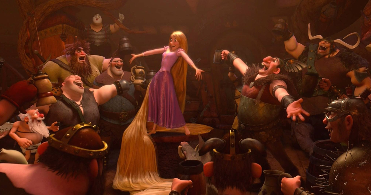 Rapunzel befriends a group of pub ruffians in Tangled