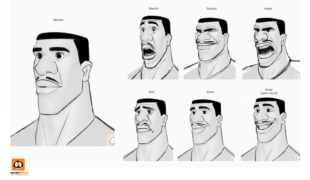 A 2D compilation of expressions on Darius' face, from neutral to angry to smiley